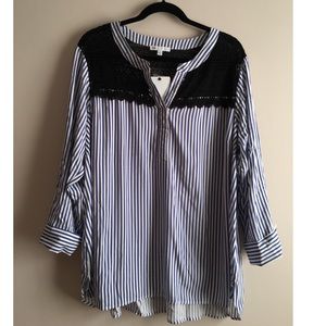 DR2 Blue & White Striped Lace Detail Poplin Shirt